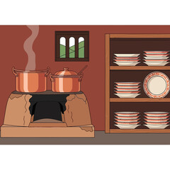 Traditional kitchen scene with cooking pots, stove and rustic dishware
