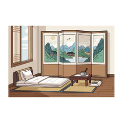 Traditional Korean home interior design with folding screen illustration