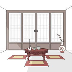 Traditional Korean interior with table, cushions, and decorative items