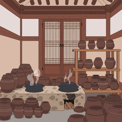 Traditional korean kitchen interior with fermentation crocks and stove scenery