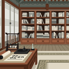 Traditional korean study room interior illustration with calligraphy tools