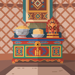 Traditional Mongolian Interior with Altar, Food Offerings, and Geometric Patterns