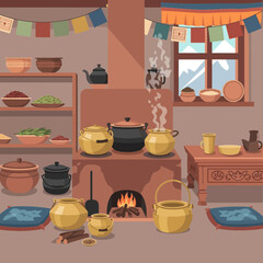 Traditional Mountain Home Interior with Cooking Pots and Mountain View