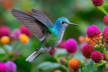 Fototapeta premium Colorful Hummingbird Hovering Near Vibrant Flowers