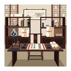 Tranquil scene of a traditional chinese study interior with classic furniture