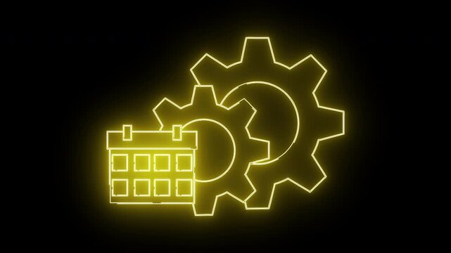 Luminous yellow outline of gears  calendar icon against black background