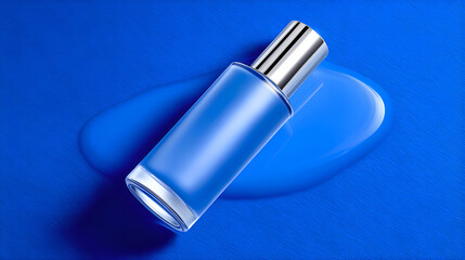 A high-angle, commercial-style shot featuring a frosted blue cosmetic bottle with a silver cap resting on a splash of vivid blue liquid and textured background.