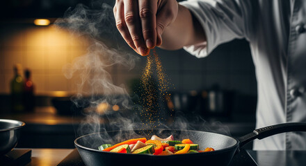 Chef seasoning vibrant vegetables in a steaming hot pan