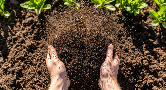 Farmer's hands gently releasing soil over newly planted seedlings.