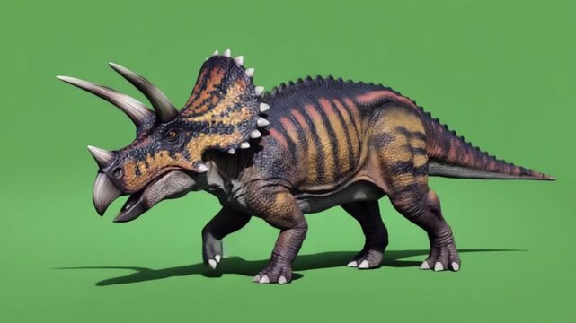 Triceratops with horns and frill standing on a green background in full body view side angle dinosaur green screen video