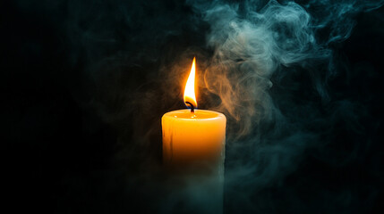 Close-up of a candle being blown out with curling smoke rising against dark background highlighting delicate movement, atmospheric mood, and soft lighting perfect for creative or lifestyle visuals