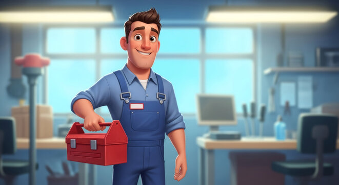 Cartoon man in blue overalls holding a red toolbox. Handy repairman or service worker ready for home and yard maintenance.