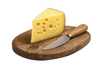 Emmental cheese wedge with a cheese knife resting on a wooden cutting board, ready for serving. Transparent background
