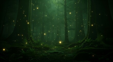 Enchanted forest backdrop featuring glowing specks in a mystical setting