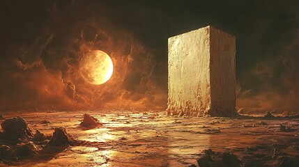 Surreal lunar landscape with monolithic structure and glowing orb, perfect for sci-fi book covers or otherworldly concept art projects
