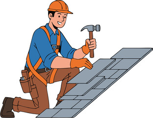 Skilled roofer installing asphalt shingles on a residential roof, securing durable and weather-resistant coverage with a hammer, ensuring quality craftsmanship and safety