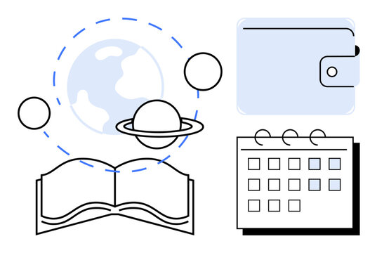 Open book with orbiting planets, earth for global knowledge, wallet for finance, calendar for planning. Ideal for learning, education, exploration, finance, world studies scheduling organization