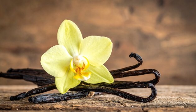 A close-up of a delicate yellow vanilla orchid flower with several dark vanilla beans on a rustic wooden surface.