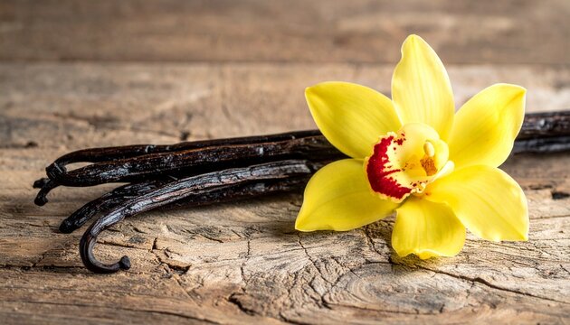 Vanilla flower and dried vanilla pods on a rustic wooden background. - Powered by Adobe