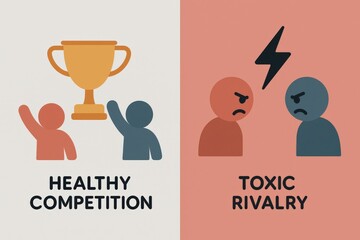 Visual Dichotomy of Healthy Competition versus Toxic Rivalry Illustrating the Contrast between Supportive Engagement and Negative Conflict in Collaborative Environments