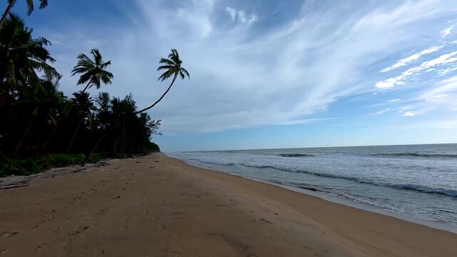 Kannur, Kerala, India-October 3 2025; A Pan view of the Picturesque sea front of the Arabian sea coast of Kannur city in Kerala, India.
