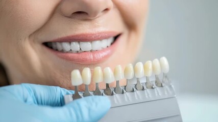 Generative AI. Smiling woman with bright white teeth is comparing dental shade guide in a clinic, showcasing dental care and aesthetic improvement for oral health