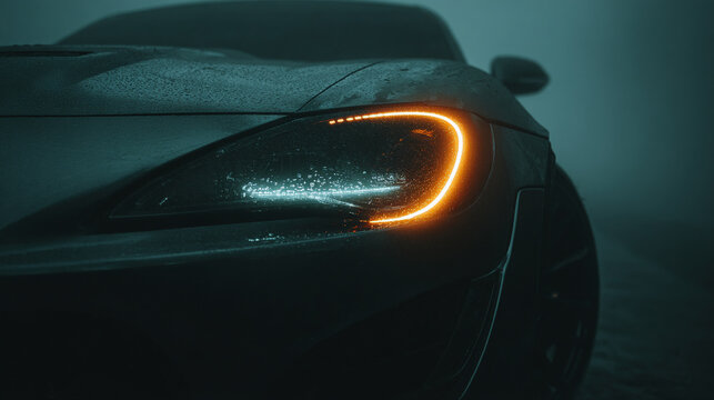 Close-up of a car front with subtle glowing headlight on dark background emphasizing sleek automotive design, modern aesthetic, and futuristic vehicle style perfect for transport or technology visuals
