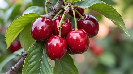 Several shiny dark red cherries could be seen hanging down