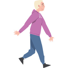 Young Blonde Haired Man Wearing A Light Purple Hoodie And Blue Jeans Walking With A Smile On His Face Isolated On A Transparent Background