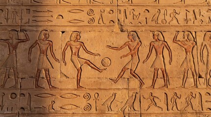 Ancient Egyptian-Style Soccer Relief on Sandstone Wall