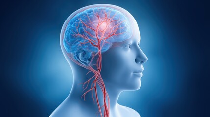 Obraz premium Concept of ischemic stroke. A digital illustration of a human profile showcasing a brain with neural pathways, highlighting the connection between the brain and body.