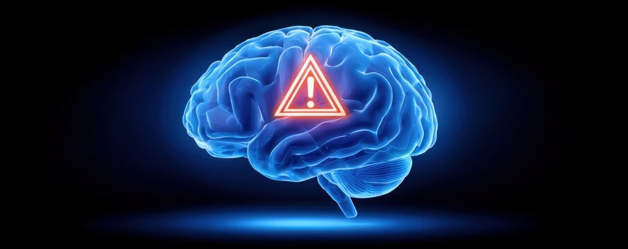 Concept of ischemic stroke. A glowing blue brain with a red warning triangle, symbolizing alerts or potential dangers related to mental health or cognitive functions. - Powered by Adobe