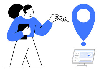 Woman holding tablet and glasses, examining desktop display with navigation interface and location pin. Ideal for travel, navigation, technology, planning, geolocation, analysis, modern business