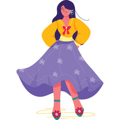 Young Woman In A Yellow Top And A Purple Floral Skirt Standing And Posing Confidently With Colorful Shoes And Earrings On A Transparent Background