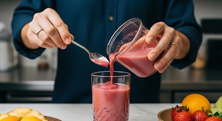 Invigorating berry smoothie preparation, a harmonious fusion of fresh fruits and healthy living in a kitchen environment