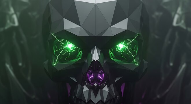 Futuristic polygonal skull with electric energy emanating from eye sockets