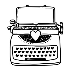 Typewriter vector illustration in doodle sketch style hand drawn outline in black and white. Cute vintage machine for valentine day card. Perfect for romantic design. Ideal for writer theme.