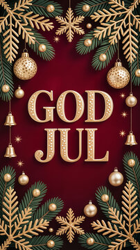 Swedish text God Jul on elegant red julkort, swedish christmas card, with gold ornaments, classic Scandinavian holiday design