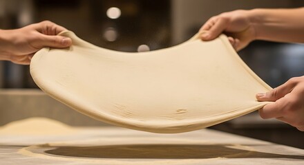 Hand stretching dough, artisan pizza creation in a rustic environment