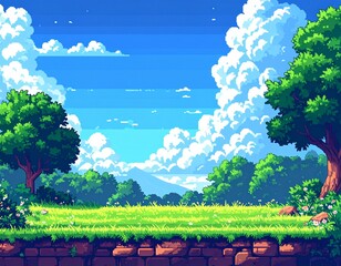 Pixel art game scene with ground, grass, trees, sky, clouds, male character, 2d 8bit 