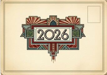 Vintage postcard design featuring 2026 in a striking Art Deco style with rich, muted colors and geometric flair