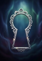 Ornamental keyhole against aurora sky, opening to the celestial gateway