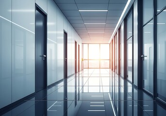 Perspective View of a Modern Office Building Corridor, Reflective Floors