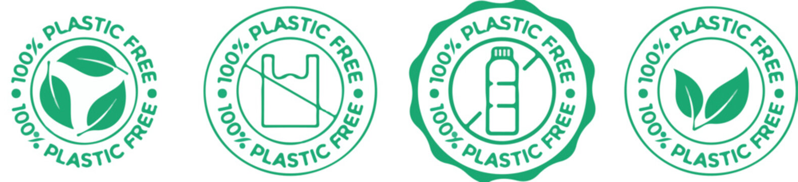 100% Plastic Free Stamp Set Eco Friendly Product Packaging Label Icons on White Background