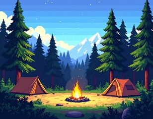 Pixel art pine forest camping landscape with tents and campfire 8 bit game background