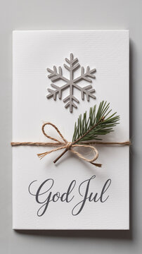 Minimalist Swedish God Jul card, Swedich Christmas card with spruce sprig and twine.