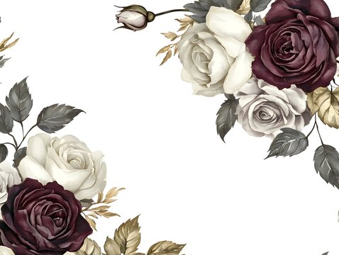 Elegant arrangement of dark burgundy and cream roses with muted foliage frames the edges