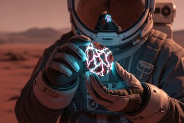 Space explorer holding glowing neon alien rock, close-up on hands and strange mineral sample on Mars-like surface