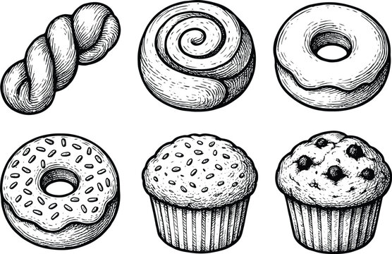 Hand-drawn bakery illustration set featuring donuts, muffins, swirl buns, twisted bread and assorted pastry items in outline vector style