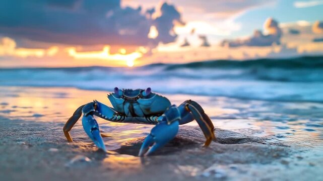 Blue crab on beach at sunset.